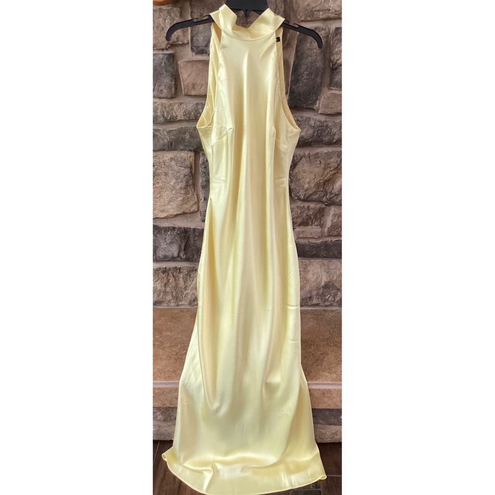 Steve Madden Lara Butter Yellow Satin Halter Neck Tie Maxi Dress   Size M New
